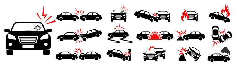 car crash, accident or hit icons set. car accident traffic signs. injury, drunk, death, safety, road accident, damage,  etc concept. warning road sign for vehicles