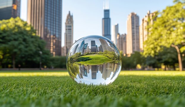 Glass Sphere Reflecting Chicago Skyline on Green Lawn with Tall Buildings and Blue Sky in Urban Park Setting - Powered by Adobe