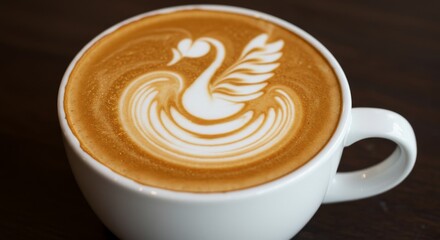 Swan Latte Art in White Mug - A delightful of a swan latte art design, symbolizing elegance, serenity, grace, purity, and artistry. Perfect for coffee shops, cafes, and beverage-related businesses
