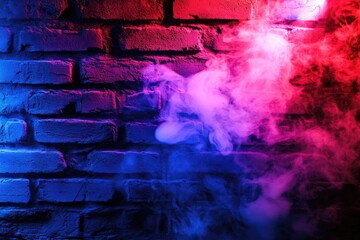 Brick wall lit by vibrant blue and red light, with swirling smoke
