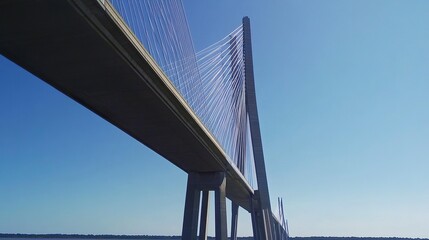 Naklejka premium Looking up at a soaring bridge, its towering supports and suspension cables reaching into a bright blue sky, capturing civil engineering mastery. 