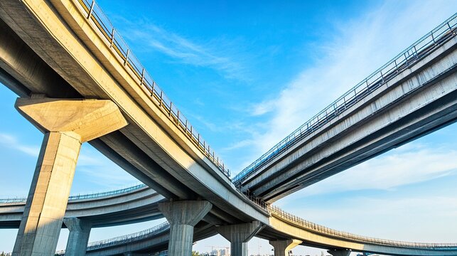 Low shot of a sprawling bridge with intricate trusswork set against a pure blue sky, capturing civil engineering expertise. Balanced light, sharp detail.  