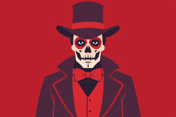 Elegant Skull in Top Hat Red Bow Tie Day of the Dead art stylish spooky graphic design red