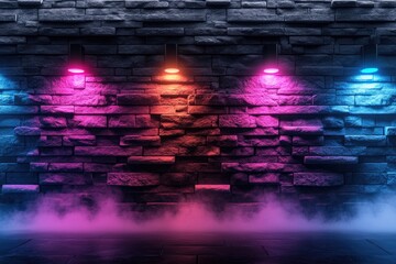 Dark, smoky room with vibrant neon lighting on stone wall.  Neon lights in pink, orange, and blue colors illuminate a textured stone wall with a hazy smoke effect on the floor