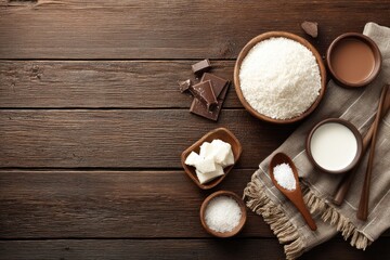 Assorted baking ingredients on a wooden table