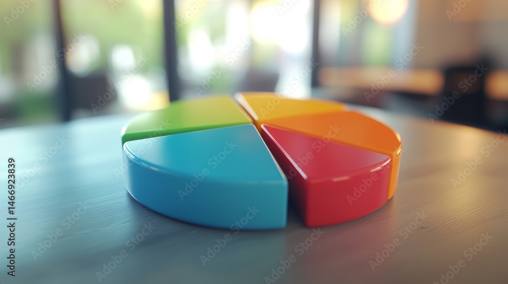 Poster A D pie chart with a smooth finish, showcasing colorful segments representing customer demographics, displayed against a soft-focus office backdrop for context.