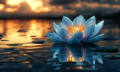 Luminous lotus flower on water at sunset
