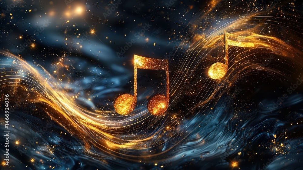 Aufkleber golden music notes and a staff are floating on a sparkling background with bokeh effect, creating an