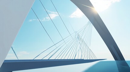 Obraz premium Modern white arch bridge with tension cables spanning a wide river, its sleek silhouette glowing under a bright blue sky. 