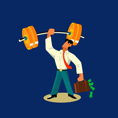 Illustration of a businessman lifting a barbell coin weights while holding a briefcase of cash, symbolizing financial strength, investment