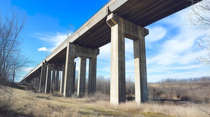 Fototapeta premium Natural daylight. Massive concrete bridge shot from underneath, low angle highlighting its pillars against a vivid blue sky, reflecting industrial power. Ultra-detailed, sunny day. 