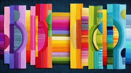 Andean-inspired woven stripe design, vibrant rainbow hues, geometric patterns, rich cultural heritage reflected in bold, intricate textile artistry.