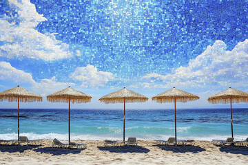 Fototapeta premium Soft waves gently lap against the sandy shore while colorful umbrellas provide shade to empty lounge chairs under a bright sky