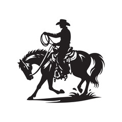 Saddle-Up Cowboy Vector Silhouette, Western Rider, Cowboy Action, Rodeo Spirit, Wild West, Western Heritage, Cowboy Adventure, Equestrian Skills.
