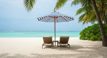 Obraz premium Tropical Beach Relaxation Scene - Two lounge chairs sit under a striped beach umbrella on a pristine white sand beach, offering a tranquil escape. Palm trees frame the idyllic ocean view