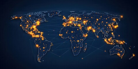 Glowing World Map on Dark Blue Background Representing Global Connectivity and Communication Networks with Interconnected Dots Illustrating International Business and Social Networks