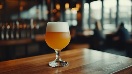 A beautifully crafted glass of wheat beer with a cloudy, golden appearance, served with a thick white head, resting on a rustic wooden table.