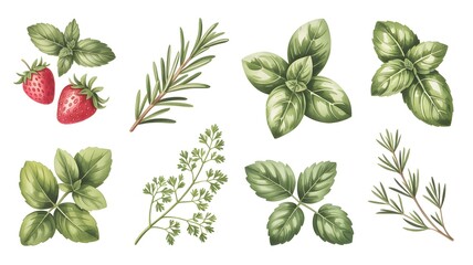 Botanical Watercolor Illustration of Herbs and Strawberries