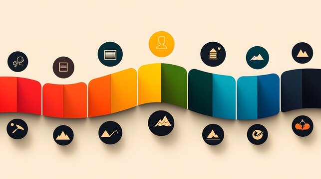 Colorful Flowchart Infographic with Curved Arrows and Mountain Icons