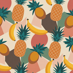 Colorful pattern with tropical fruits pineapple and bananas summer theme