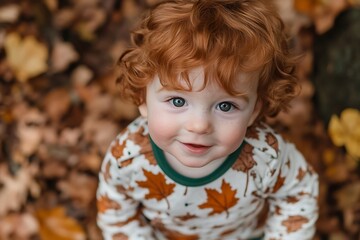 Fototapeta premium Adorable redhead toddler smiles sweetly amidst autumn leaves soft natural light enhances his bright green eyes and rosy