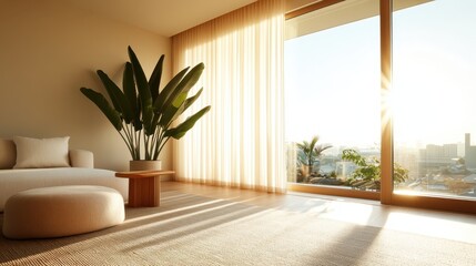 Naklejka premium A cozy sunlit space featuring elegant furnishings paired with lush indoor plants, designed to evoke feelings of peace and harmony while incorporating nature into the living area.