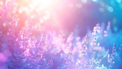 パステルグラデーションの柔らかい光が差し込む幻想的な花園