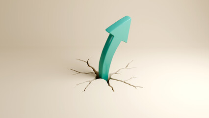 Green Arrow Emerging from Cracked Ground - Breaking Through Barriers, Growth, Strength, and Bold Progress, 3D Render
