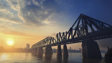 Fototapeta premium Sunset over Howrah Bridge in Kolkata, the iconic structure highlighted by golden hues, framed by a calm, expansive blue sky. Majestic and warm.