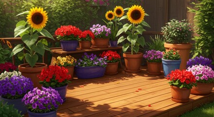 Fototapeta premium Vibrant Summer Garden Display - A colorful array of potted flowers and sunflowers adorns a wooden deck, creating a cheerful summer garden scene