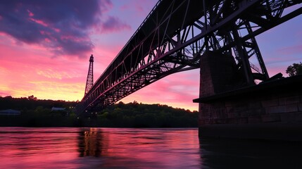 Obraz premium Sunset over the New River Gorge, the bridge's steel frame glowing in the evening light, with the calm river reflecting the brilliant hues of the sky. 