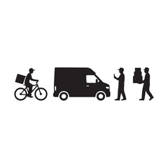 Black Silhouette Icons of Delivery Workers with Parcels, Bikes, Vans, and Phones — Simple Courier Action Clipart Set (4).eps

