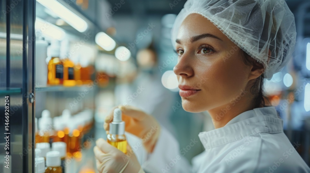Poster scientist in white lab coat and hair net inspects a glass bottle with dropper and orange liquid in w
