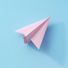 Fototapeta premium Pink paper airplane on light blue background