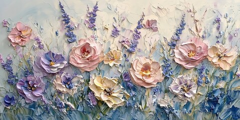 Serene floral meadow, Soft pastel flowers, Dreamy impasto flowers, Floral meadow in relief, Springtime garden art