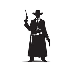 Saloon Gunman Vector Silhouette, Wild West, Cowboy Duel, Western Outlaw, Gunfighter Pose, Western Showdown, Gunslinger Action, Lawless Era.
