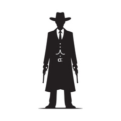 Saloon Gunman Vector Silhouette, Wild West, Cowboy Duel, Western Outlaw, Gunfighter Pose, Western Showdown, Gunslinger Action, Lawless Era.

