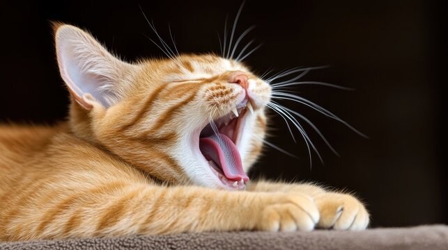 A charming orange tabby cat yawning widely while resting, showcasing its adorable features and playful demeanor against a blurred dark background, capturing its relaxed state.