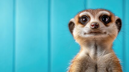 Fototapeta premium This captivating close-up features a meerkat with a curious expression, framed against a vibrant blue background, symbolizing curiosity and playfulness in nature.