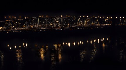 The Baton Rouge Bridge glowing against a dark Louisiana night, its reflections shimmering on the Mississippi River, with selective focus on its steelwork.  