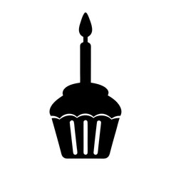 Black and White Cupcake Silhouette Icon with a Single Candle for Celebration
