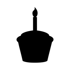 Black silhouette of cupcake with a burning candle for birthday celebration