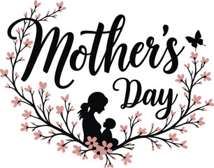 Mother’s Day Floral Design with Mom and Child Silhouette, Elegant Greeting Illustration
