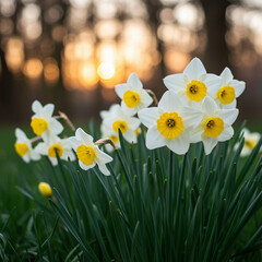 Fototapeta premium Bunch of White and Yellow Daffodils at Sunset