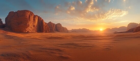 Desert Landscape at Sunset with Rock Formations
