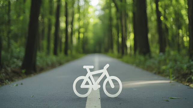 Bicycle on Path in Forest: An emblematic white bicycle sits atop a perfectly paved road, carving its way through a dense and enchanting forest, symbolizing an active lifestyle.
