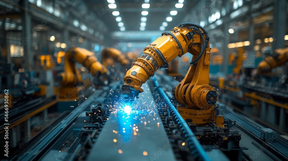 Poster In a modern factory, robotic arms efficiently perform precision welding on metal components, showcasing automation and engineering advancements.