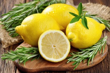 Fresh lemons and rosemary on a wooden board