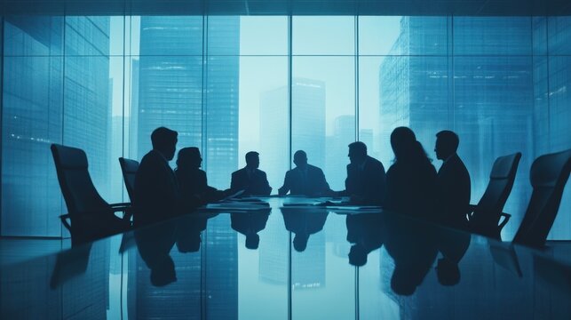 Business Executives in Silhouette Meeting High Rise Office Blue Tone Atmosphere
