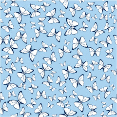 Seamless vector background of butterflies. Hand drawn insects isolated on blue background illustration. Concept of spring season, Easter, nature.